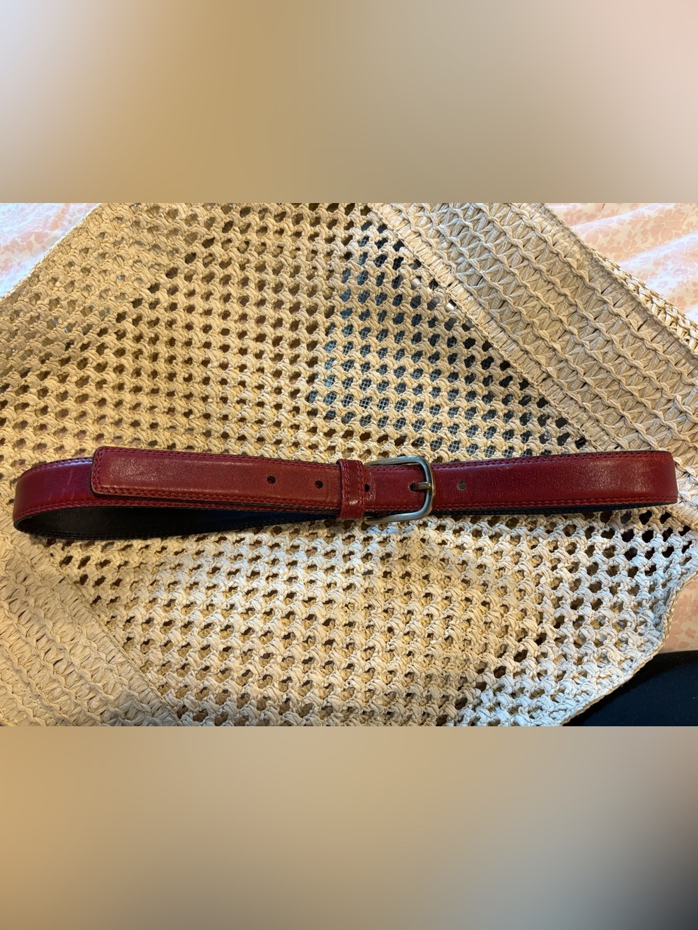 Harness house vintage red leather belt brass buckle size 30”